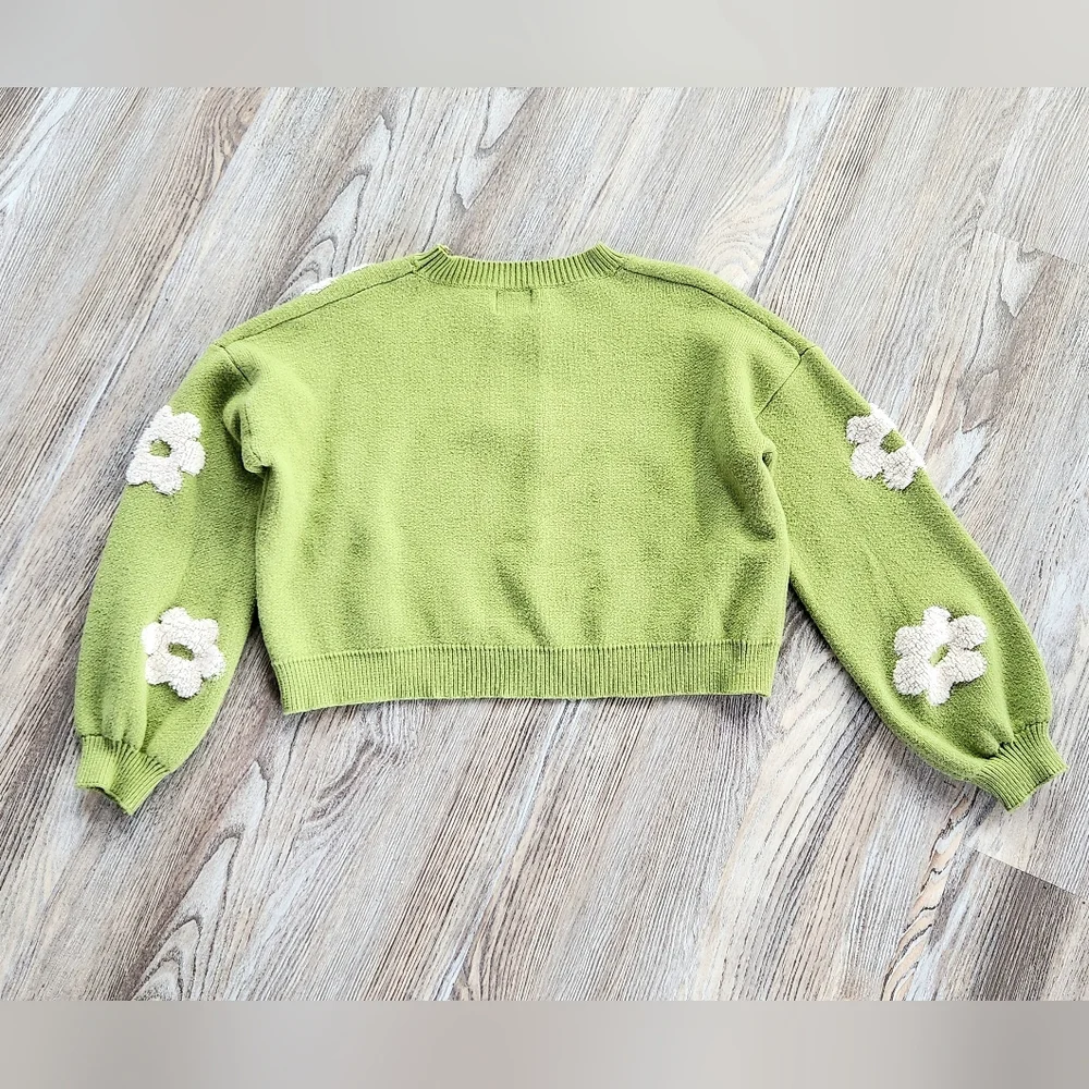Luna Ivy Lime 3D Ivory Daisy Cropped Sweater Womens L Long Sleeve Retro Crew - Picture 7 of 13